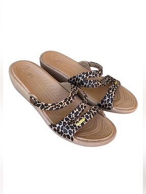 Crocs Patricia Tan Brown Leopard Wedge Slip On Sandals Women's Size 10